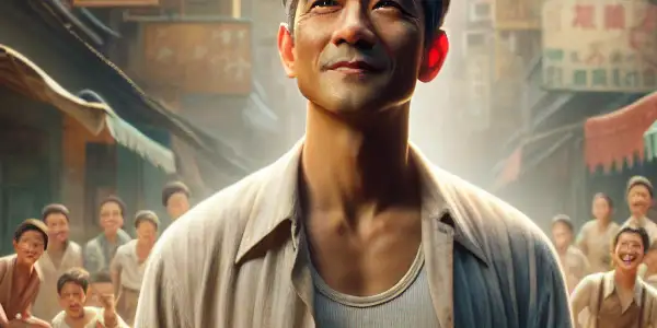 A determined young man surrounded by cheerful children in a vibrant urban setting, embodying hope and perseverance.