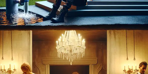 A stark contrast between a wealthy family's luxurious mansion and an impoverished family's cramped basement apartment, highlighting class struggle.