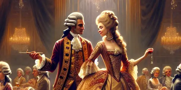 A lavish 18th-century ballroom scene featuring the cunning Marquise de Merteuil and charming Vicomte de Valmont among aristocratic nobles.