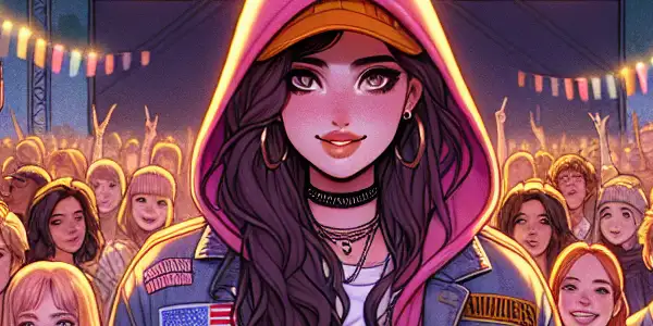 A vibrant film festival scene featuring a large screen displaying Zhao Yihuan's movie, surrounded by an engaged, youthful crowd.