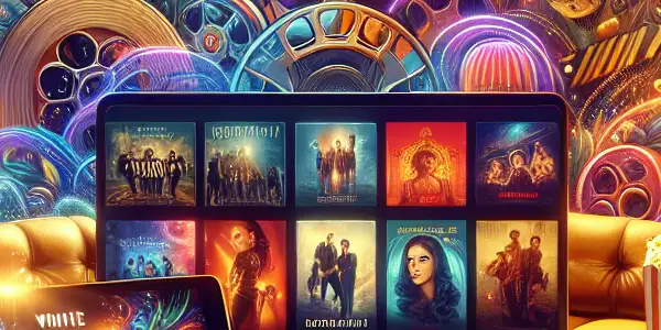 A cozy living room with a laptop and tablet displaying colorful movie posters, surrounded by film symbols and popcorn.