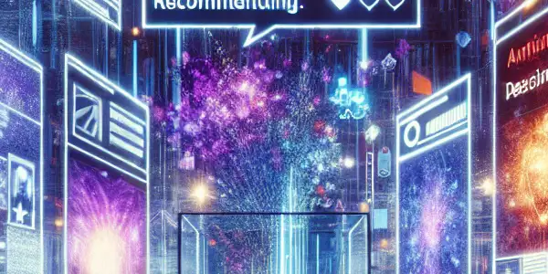 A diverse group of users engages with a futuristic interface showcasing dynamic entertainment options in a vibrant tech environment.