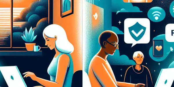 A split scene showing a person safely browsing a laptop at home and a vibrant online community discussion.