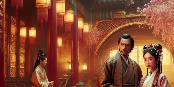 A couple in traditional Chinese attire playfully interacts in a lush, vibrant courtyard surrounded by cherry blossoms.