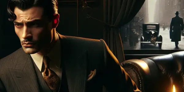 A powerful Italian-American man and his conflicted son in a dimly lit office, reflecting on family and crime.