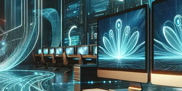 A futuristic workspace featuring dual monitors and glowing data streams, symbolizing a smooth and efficient online browsing experience.