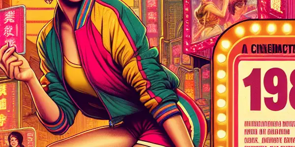 A nostalgic 1980s Hong Kong movie poster featuring a vibrant female figure in a colorful retro outfit against a bustling cityscape.