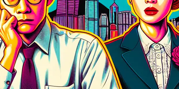 A vibrant movie poster featuring a timid office worker and a confident woman in comedic adventures set against Hong Kong cityscapes.