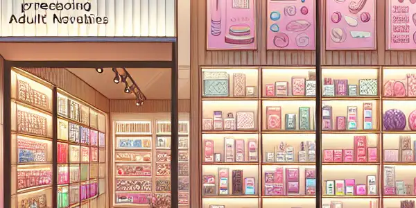 A modern adult novelty store named "Pleasure Paradise" featuring inviting displays and a warm, welcoming atmosphere.