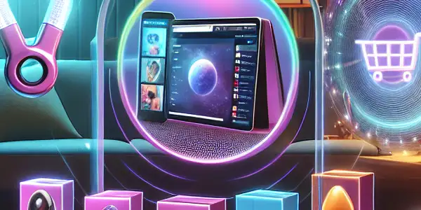 A sleek, modern digital shopping interface featuring colorful adult products in a cozy, inviting setting.