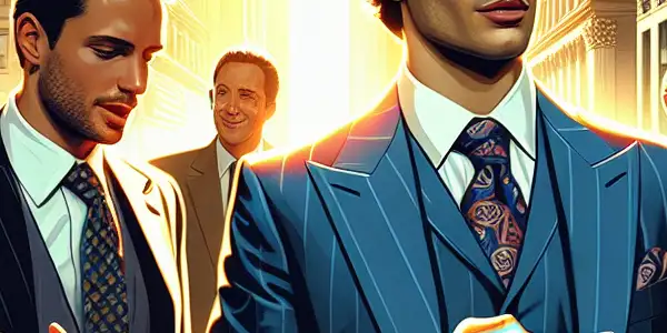 A bustling Wall Street scene with a determined stockbroker, Gordon Gekko, and symbols of finance at sunset.<a href=