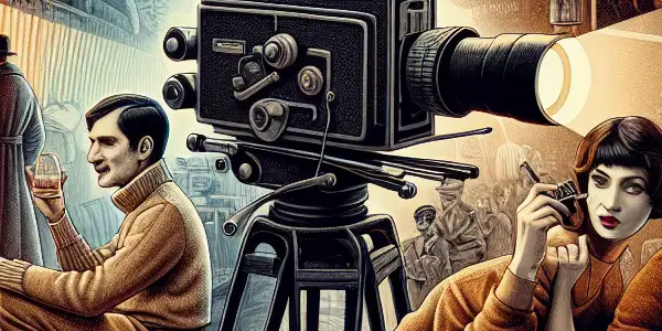 A vintage film set showcasing Czechoslovak cinema from the 1960s, featuring characters in period attire and iconic movie posters.