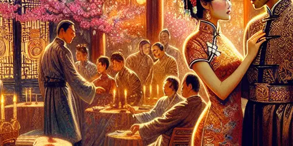 A romantic scene in a traditional Chinese courtyard featuring elegantly dressed characters exchanging flirtatious glances amidst cherry blossoms.