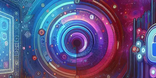 A vibrant abstract digital landscape representing adult entertainment streaming, featuring colorful shapes, a glowing screen, and symbols of privacy.