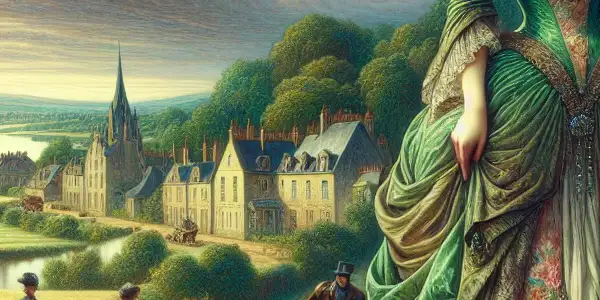 Emma Bovary in a lush countryside, torn between rural life and her longing for romance and glamour.