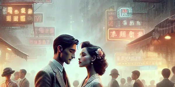 A nostalgic 1960s Hong Kong street scene featuring two characters in a moment of longing amidst a bustling crowd.