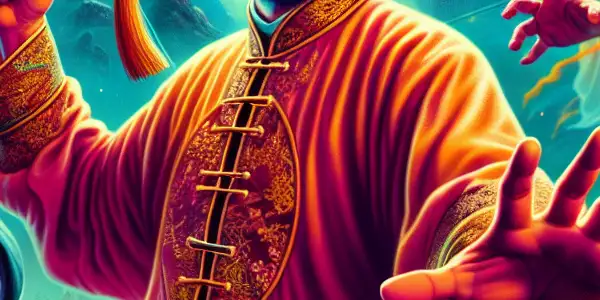 Lin Zhengying in Taoist robes battles playful zombies in a mystical graveyard, blending comedy and horror.