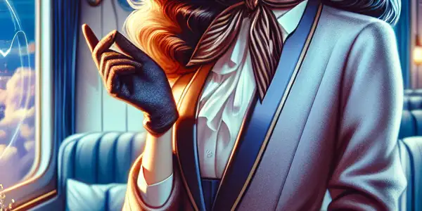 A glamorous flight attendant in a cozy virtual lounge, surrounded by technology and a travel-themed backdrop.