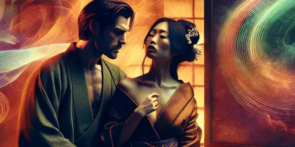 A couple shares an intimate moment in a dimly lit room adorned with traditional Japanese decor and cherry blossoms.