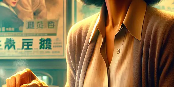 A confident Asian woman in a cozy café, surrounded by vintage movie posters, engaged in deep conversation.
