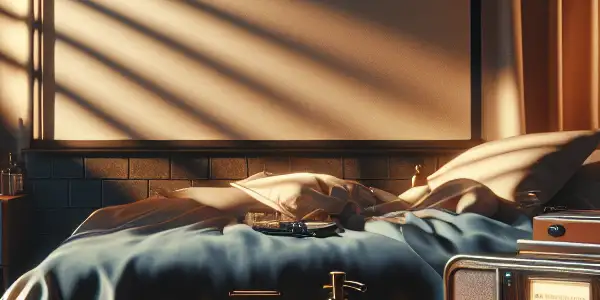 A cozy bedroom with silk sheets, lubricants on a bedside table, and a vintage projector displaying an adult film.