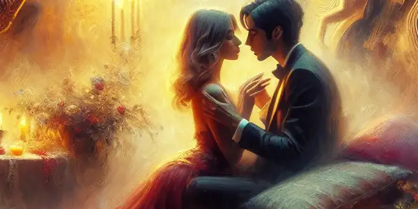 A romantic couple shares an intimate moment in a cozy, softly lit room filled with love symbols.