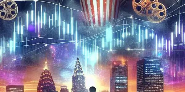 A diverse group of investors examines stock market graphs with movie symbols against a vibrant city skyline at dusk.