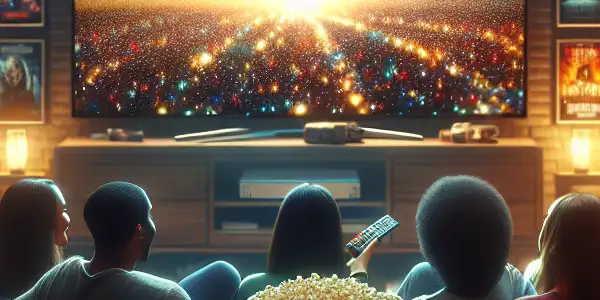 A lively gathering of friends in a cozy living room, enjoying a movie together with popcorn and soft lighting.