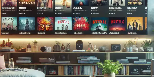 Cozy living room with a large TV streaming movies, comfortable furniture, snacks, and devices for a relaxing movie night.