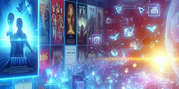 A futuristic digital interface showcasing diverse movie genres with interactive elements and global connectivity.