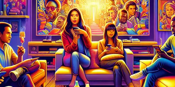 A cozy living room scene with diverse friends enjoying movies on devices, surrounded by popcorn and warm lighting.