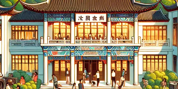 A vibrant scene of diverse students engaged in film production at the Shanghai Vancouver Film Academy, blending tradition and modernity.