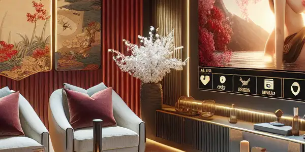A cozy, private viewing room featuring a large screen displaying tasteful adult content, with plush seating and elegant decor.<a href=