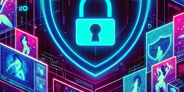 Futuristic online platform for safe adult entertainment, featuring vibrant colors, holographic screens, and symbols of security.