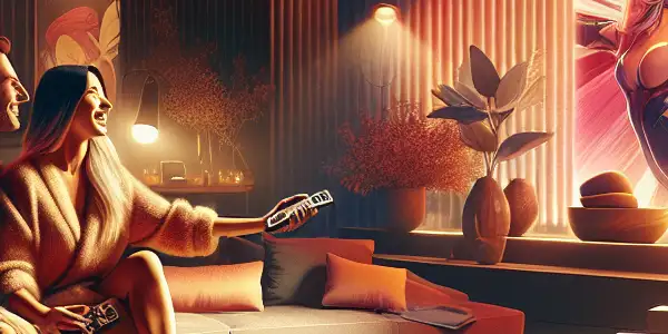 A couple enjoys an adult film in a cozy room, surrounded by safe AV condoms and warm ambient lighting.