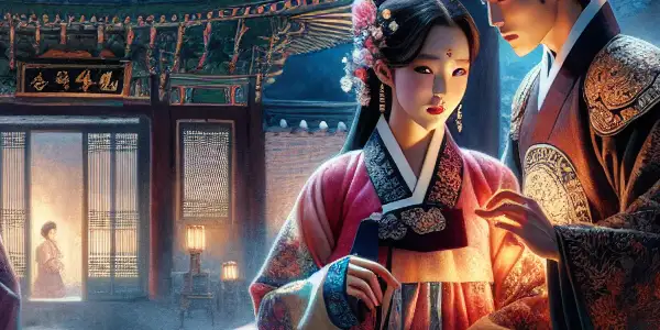 A romantic scene of a young woman in hanbok and a nobleman in a moonlit cherry blossom garden.