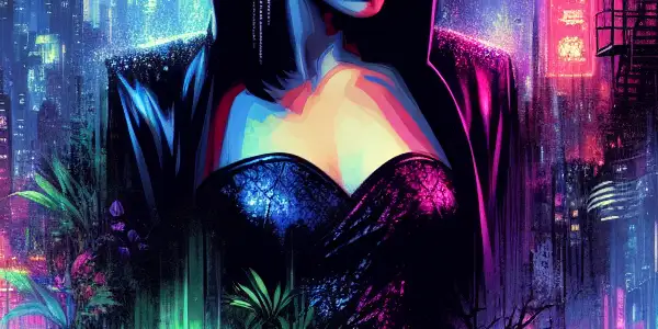 A neon-lit urban scene featuring a seductive femme fatale amidst shadowy figures and rain-soaked streets, evoking intrigue and danger.