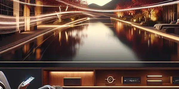 A modern living room featuring a large TV displaying romantic visuals, with a relaxed person enjoying the experience.