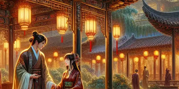 A romantic scene in a traditional Chinese courtyard featuring two elegantly dressed figures amidst cherry blossoms and lanterns.