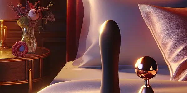 A cozy bedroom scene featuring luxury passion products, silk sheets, and romantic ambiance.