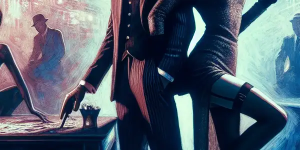 A tense standoff between a stylish couple in a dimly lit underground nightclub filled with intrigue and danger.