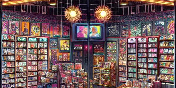 A vibrant storefront of a fictional adult-themed shop, featuring neon lights, diverse products, and a cozy browsing area.