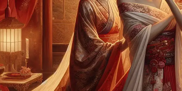 Two elegantly dressed women in an opulent Japanese setting, surrounded by cherry blossoms and lanterns, exuding romance and intrigue.