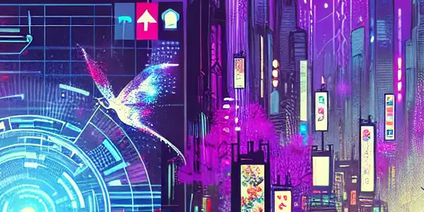A vibrant futuristic comic scene blending manga aesthetics with elements of adult entertainment in a neon-lit city.