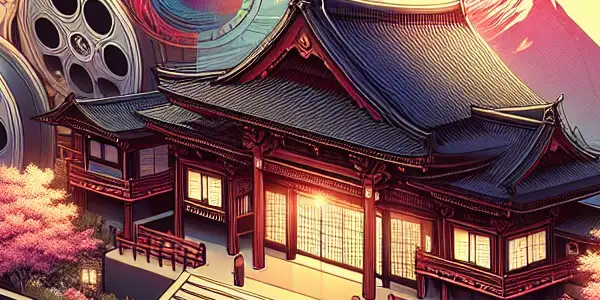 A modern digital interface showcasing classic Japanese adult cinema with film elements, cherry blossoms, and streaming motifs.