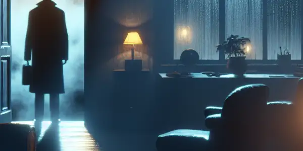 A shadowy figure in a dimly lit room symbolizes desire and isolation amidst a melancholic, atmospheric setting.