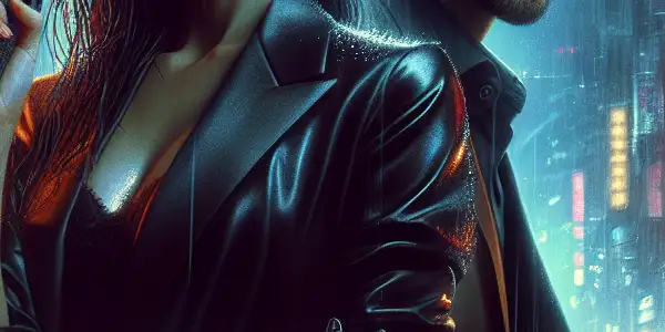 A suspenseful urban scene featuring a confident woman and intense man amidst dramatic gunplay and neon lights.