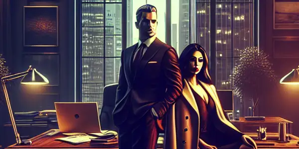 A powerful CEO and seductive secretary share a tense, intimate moment in an elegantly designed office.<a href=