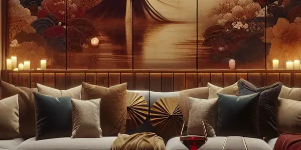 A cozy, dimly lit living room set for a sophisticated movie night with romantic themes and intimate decor.