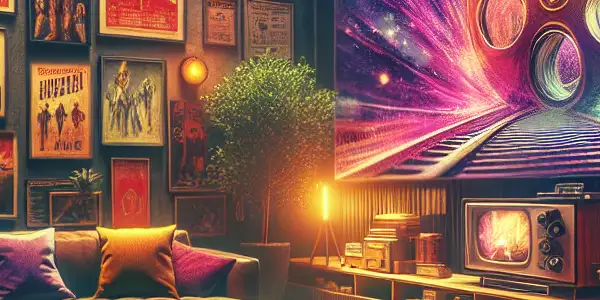 A cozy modern living room with a film screen, plush couch, and elements of relaxation and adventure.